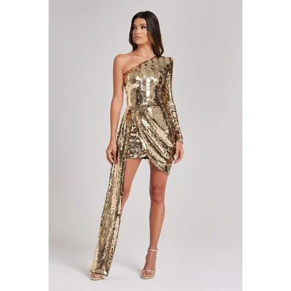Nadine Merabi Celina Gold Sequin Dress Medium - Picture 2 of 15